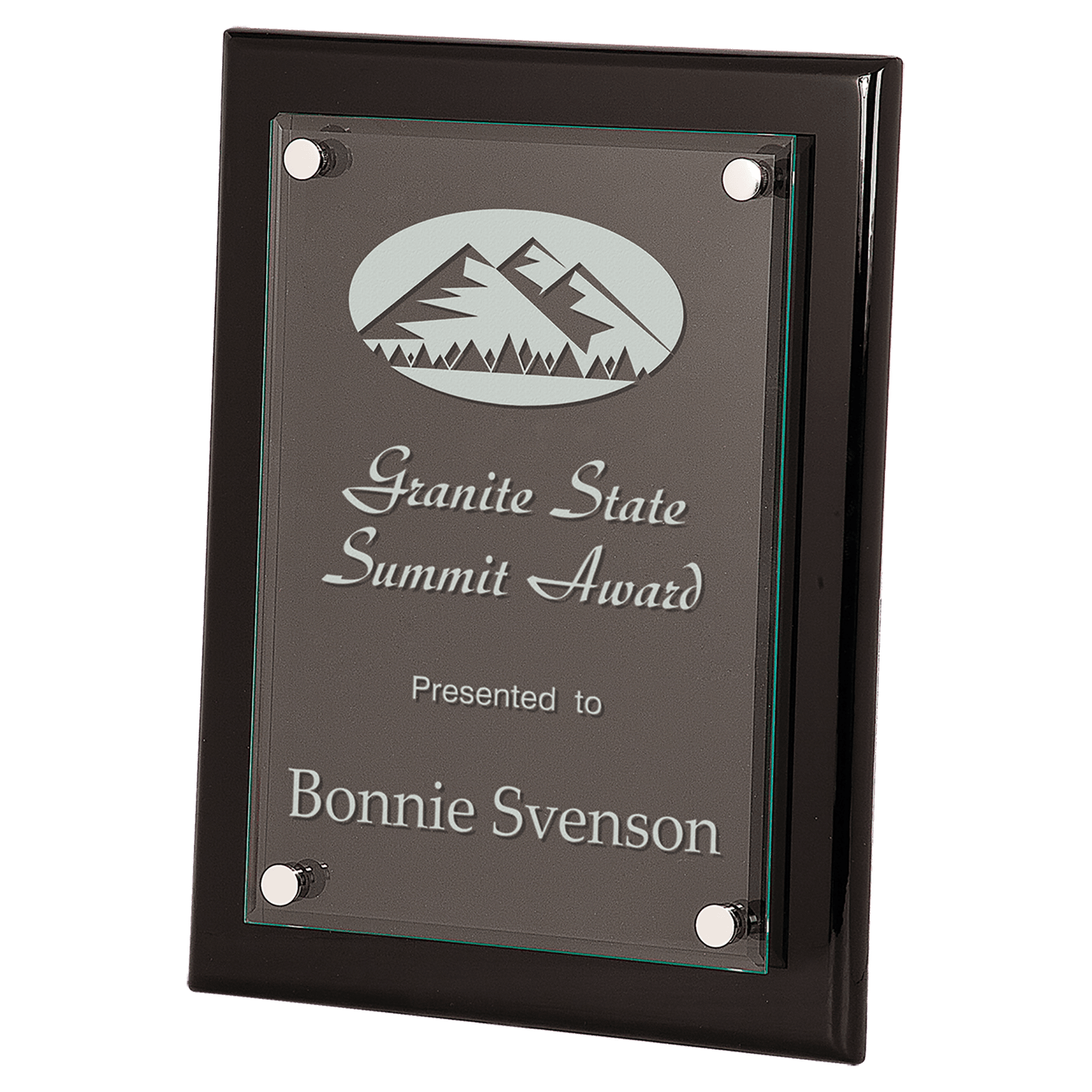 Laser Engraved 9" x 12" Black Piano Finish Floating Glass Plaque