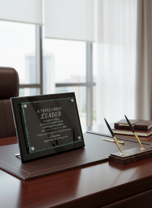 Laser Engraved 9" x 12" Black Piano Finish Floating Glass Plaque