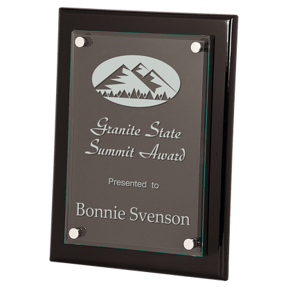 Laser Engraved 9" x 12" Black Piano Finish Floating Glass Plaque