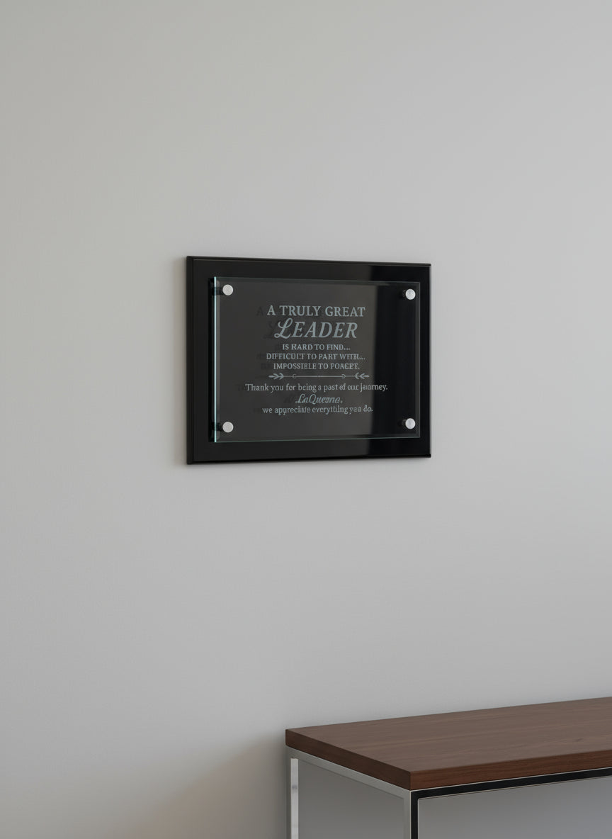 Laser Engraved 9" x 12" Black Piano Finish Floating Glass Plaque
